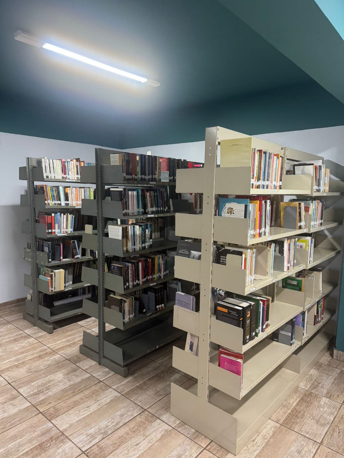 Estantes com o acervo da Biblioteca Comunitária Padre José Calvi, no CJV